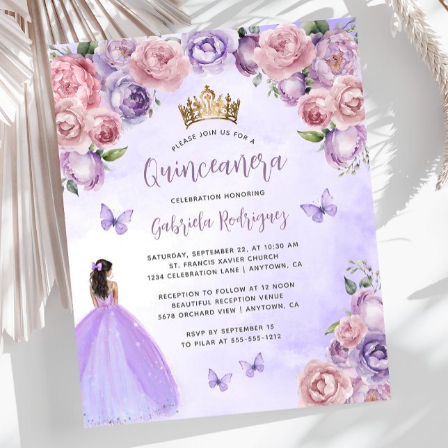 Budget Purple Blush Floral Quinceañera Invite (Creator Uploaded)
