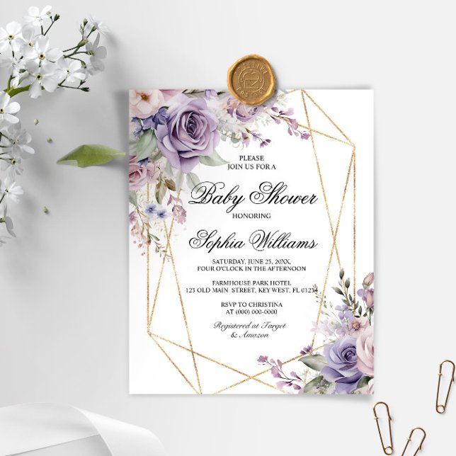 Budget Purple & Blush Rose Baby Shower Invitation (Creator Uploaded)