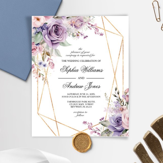 Budget Purple & Blush Rose Wedding Invitation (Creator Uploaded)