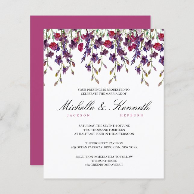 Budget Purple Botanical Wedding Invitation (Front/Back)
