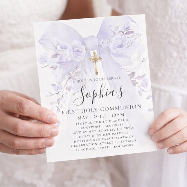 BUDGET Purple Bow Rose First Communion Invite (Creator Uploaded)