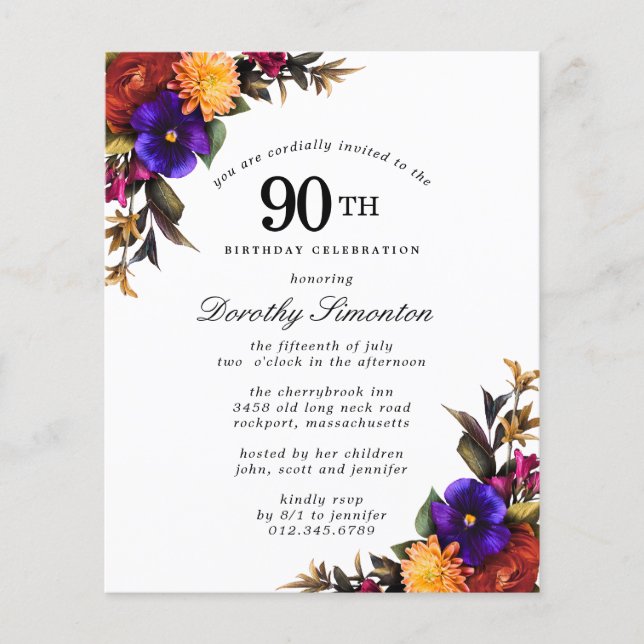 BUDGET Purple Burgundy Floral 90th Birthday Invite (Front)