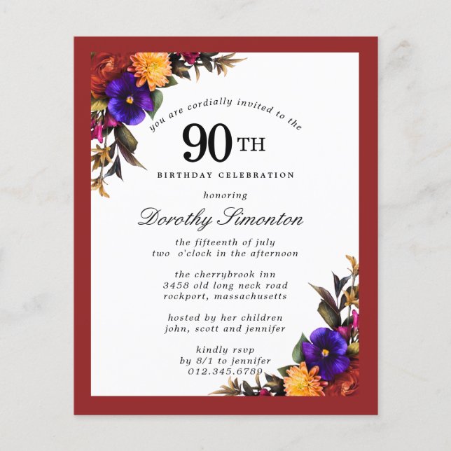 BUDGET Purple Burgundy Floral 90th Birthday Invite (Front)