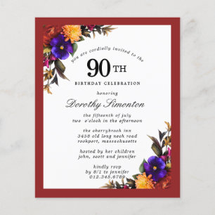 BUDGET Purple Burgundy Floral 90th Birthday Invite