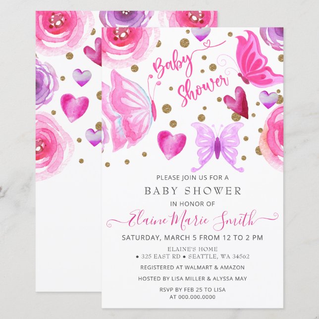 Budget Purple Butterflies Baby Shower Invitation (Front/Back)