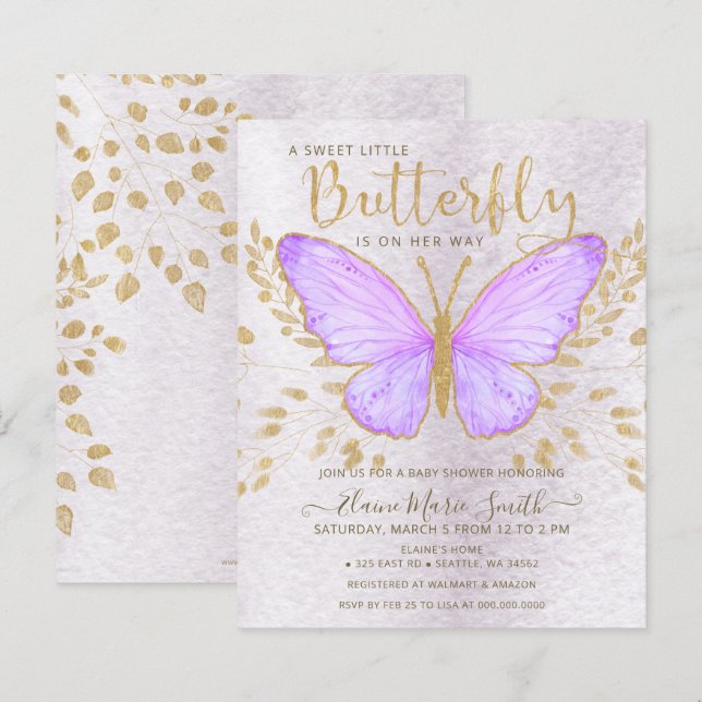 Budget Purple Butterfly Baby Shower Invitation (Front/Back)