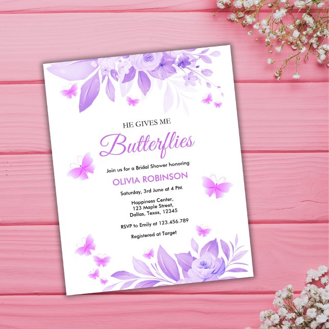 Budget Purple Butterfly Bridal Shower Invitation (Budget He Gives Me Butterflies Purple Bridal Shower Invitation)