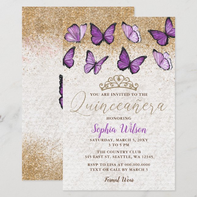 Budget Purple Butterfly Quinceañera Invitation (Front/Back)