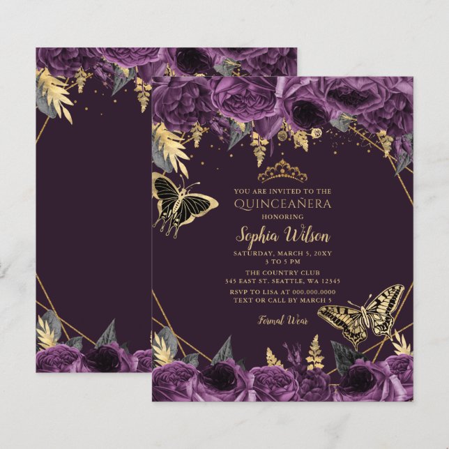 Budget Purple Butterfly Quinceañera Invitation (Front/Back)