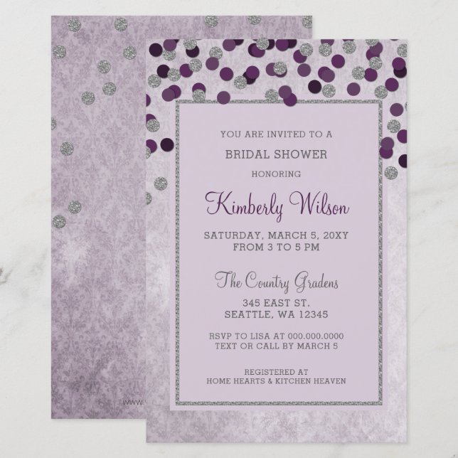 Budget Purple Confetti Bridal Shower Invitation (Front/Back)