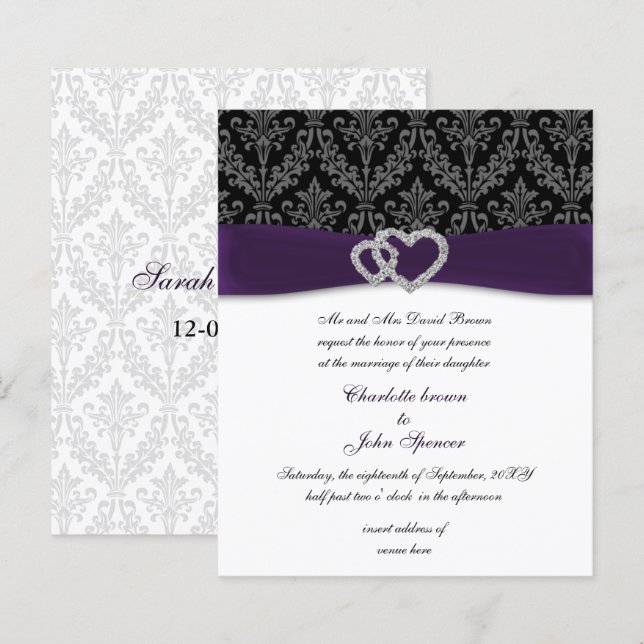 Budget Purple Damask Diamante Wedding invitation (Front/Back)