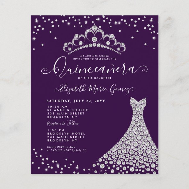 Budget Purple Diamond Sparkle Tiara Quinceanera (Front)