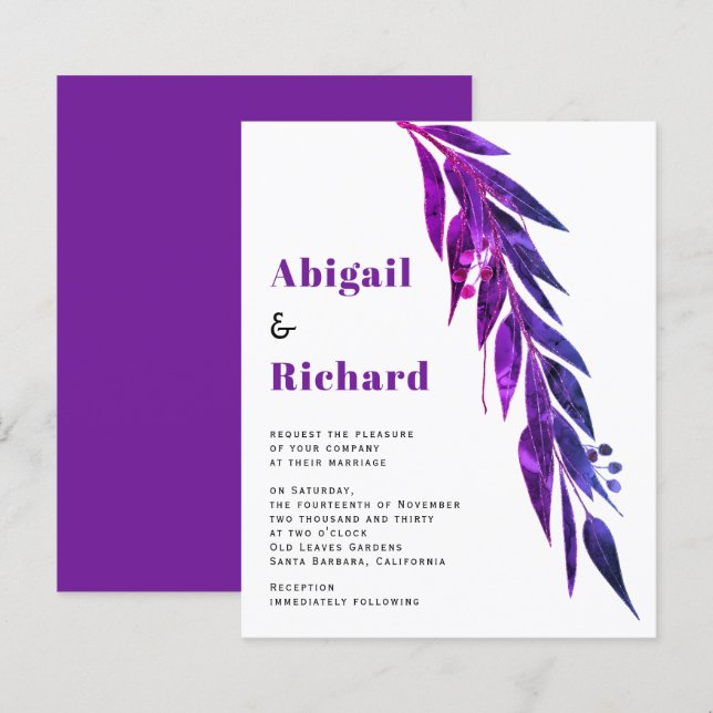 BUDGET purple eucalyptus branch wedding invitation (Front/Back)