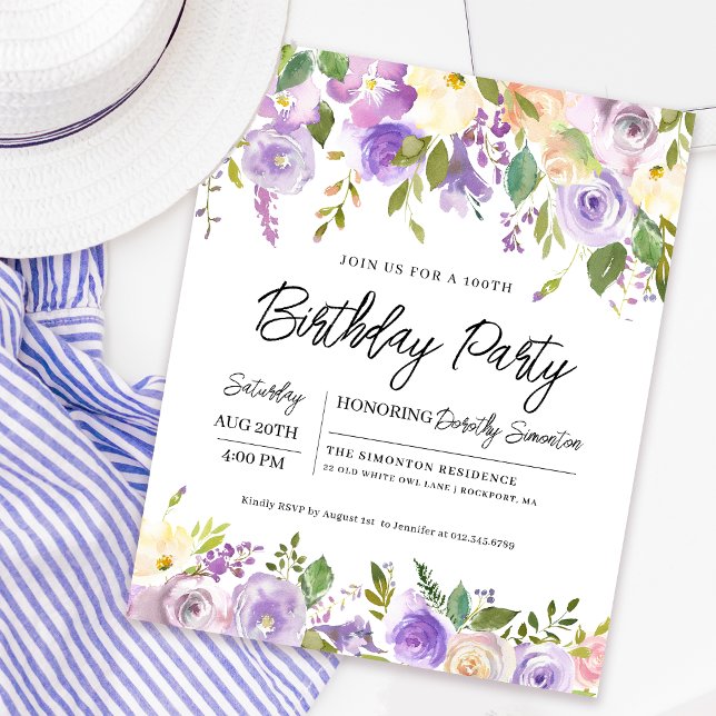 Budget Purple Floral 100th Birthday Invitation (Coordinating welcome signs and party supplies available. Message me for help finding them!)