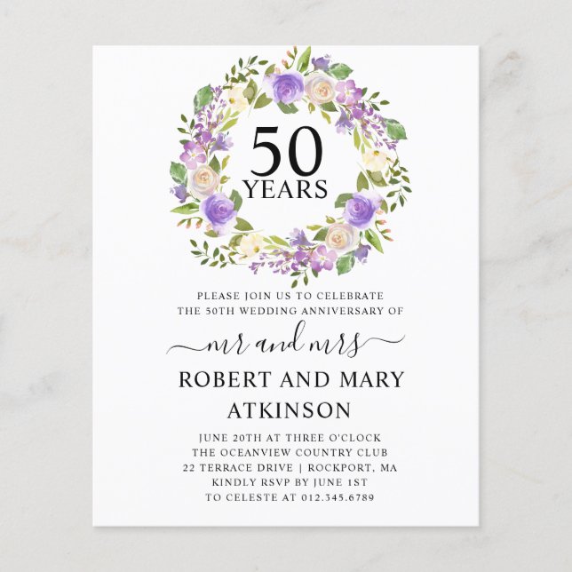Budget Purple Floral 50th Anniversary Invitation (Front)