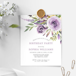 Budget Purple Floral Birthday Party Invitation
