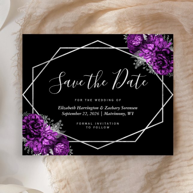 Budget Purple Floral Black Wedding Save the Date (Creator Uploaded)