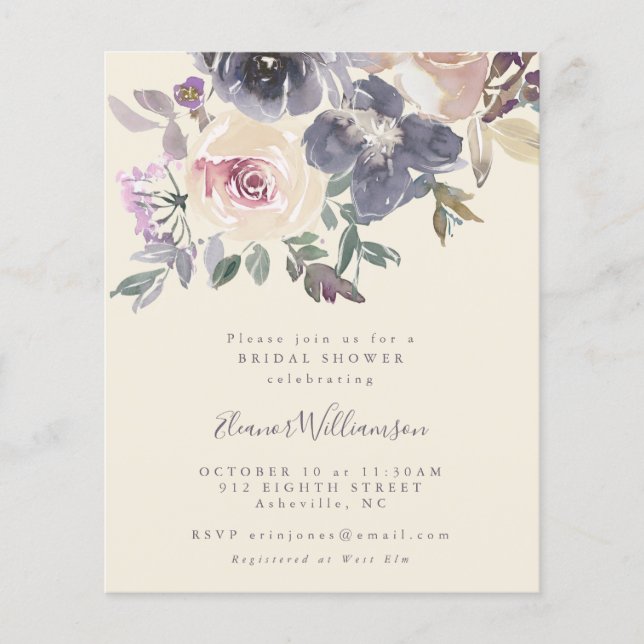 Budget Purple Floral Bridal Shower Invite (Front)