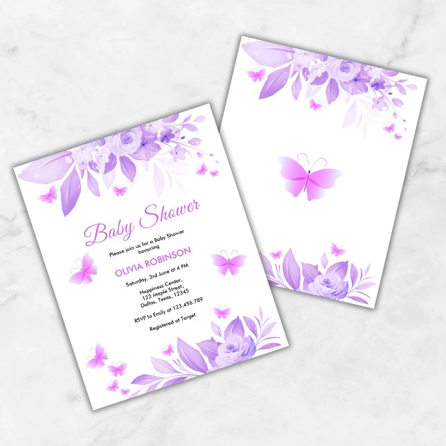 Budget Purple Floral Butterfly Baby Shower Invite  (Budget Purple Floral Baby Girl Butterfly Baby Shower Invitation )