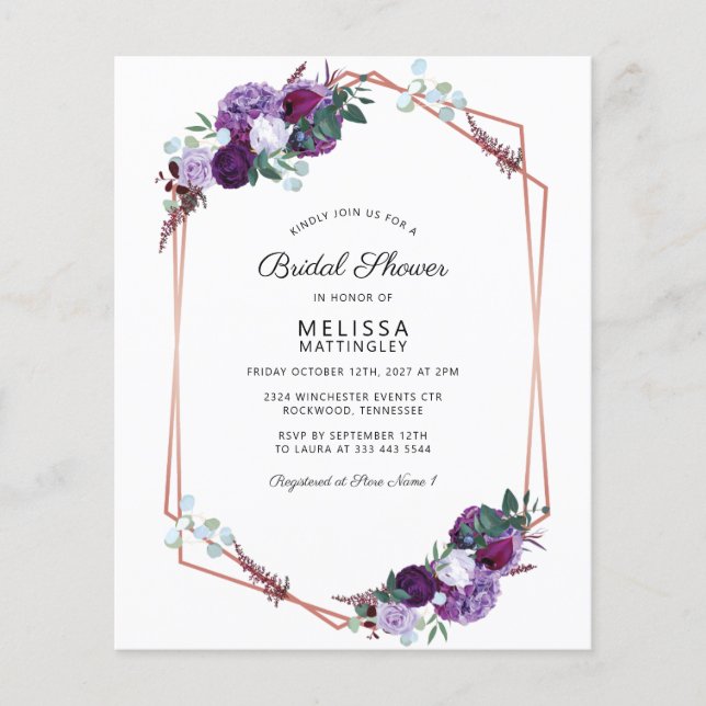 Budget Purple Floral Geometric Frame Bridal Shower (Front)