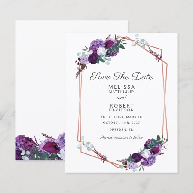 Budget Purple Floral Geometric Save the Date (Front/Back)