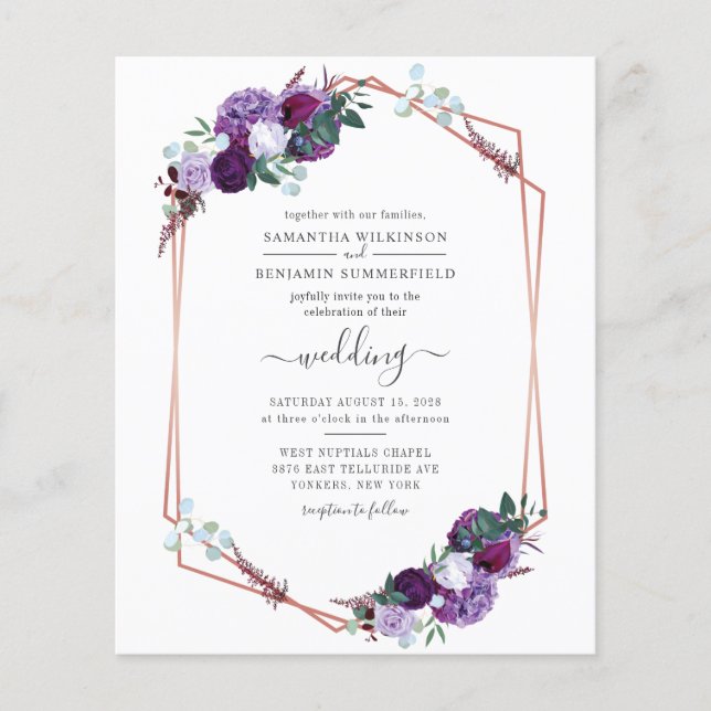 Budget Purple Floral Geometric Wedding Invitation (Front)