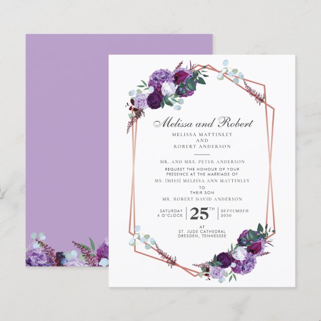 Budget Purple Floral Geometric Wedding Invitation (Front/Back)