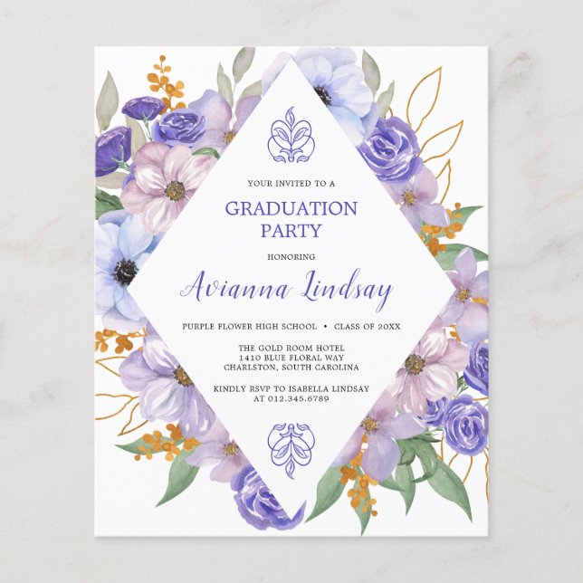Budget Purple Floral Graduation Party Invitation (Front)