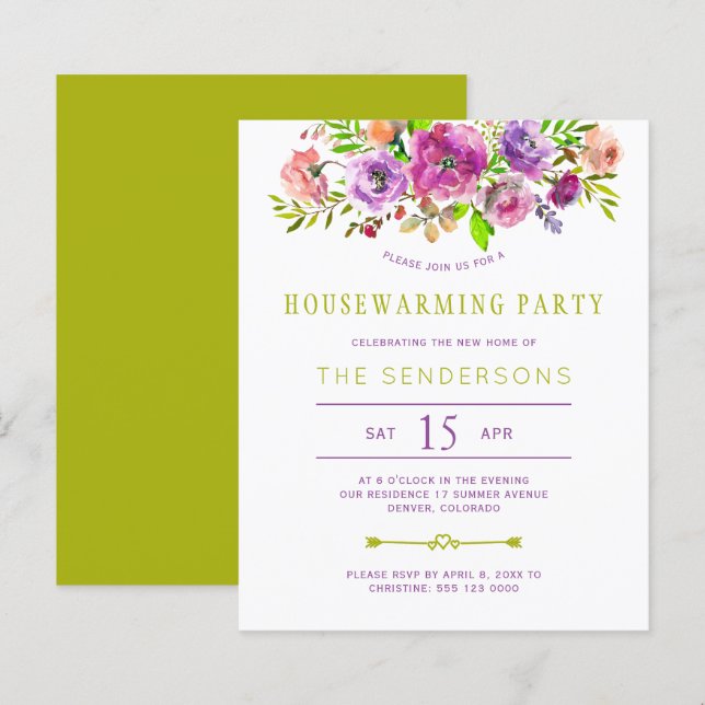 Budget purple floral housewarming party invitation (Front/Back)
