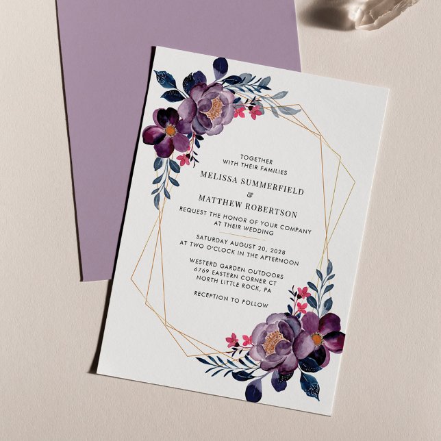 Budget Purple Floral Modern Wedding Invitation (Purple Floral Geometric Wedding Invitation)