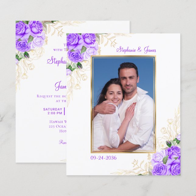 Budget Purple Floral Photo Wedding Invitation (Front/Back)