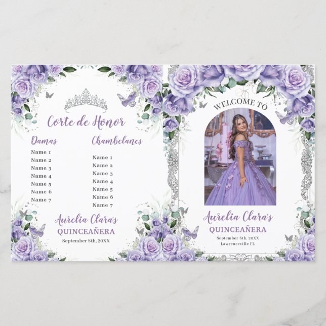 Budget Purple Floral Quinceanera 15 Photo Program (Front)