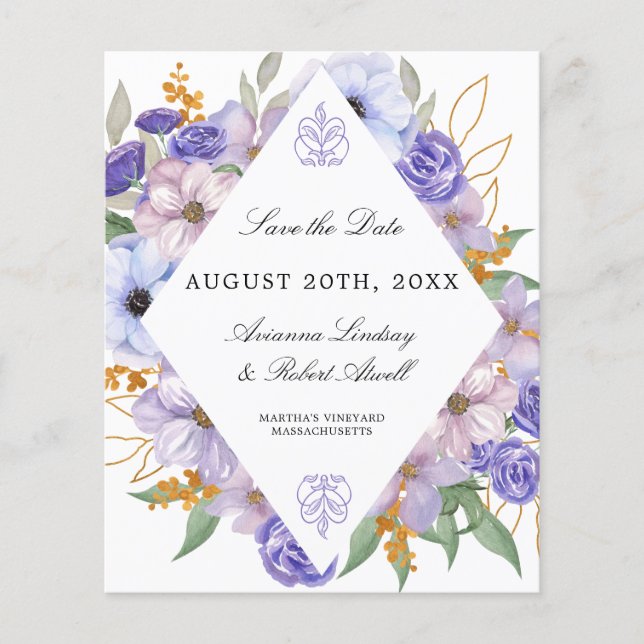 Budget Purple Floral Save the Date Card (Front)