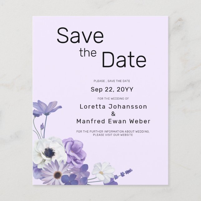Budget Purple Floral Save the date Card Invitation (Front)