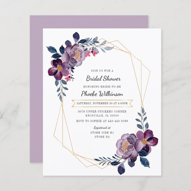 Budget Purple Floral Script Bridal Shower Invite (Front/Back)