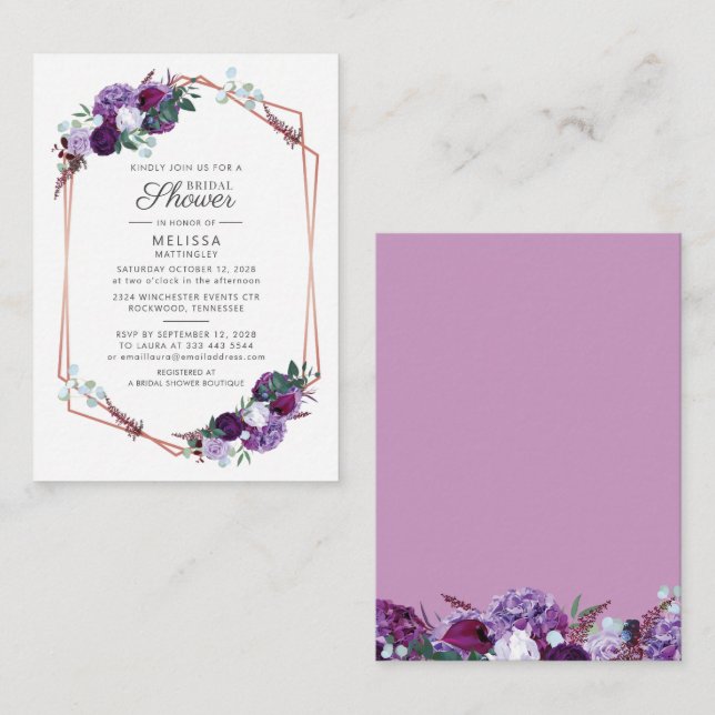 Budget Purple Floral Script Modern Bridal Shower Card (Front/Back)