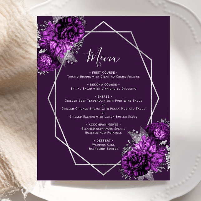 Budget Purple Floral Silver Geometric Wedding Menu (Creator Uploaded)