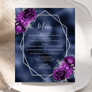 Budget Purple Floral Silver Navy Foil Wedding Menu