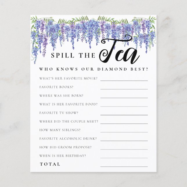 Budget Purple Floral Spill Tea Bridal Shower Game Flyer (Front)