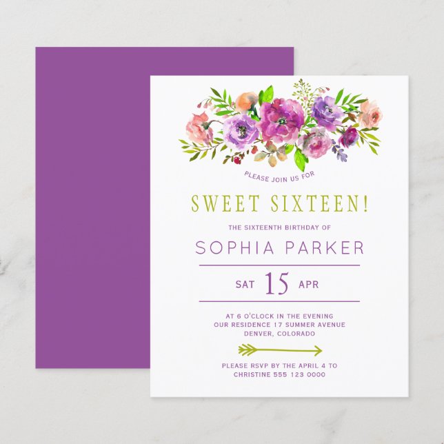 Budget purple floral Sweet 16 birthday invitation (Front/Back)