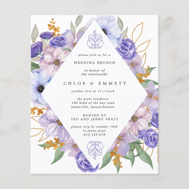 Budget Purple Floral Wedding Brunch Invitation (Front)