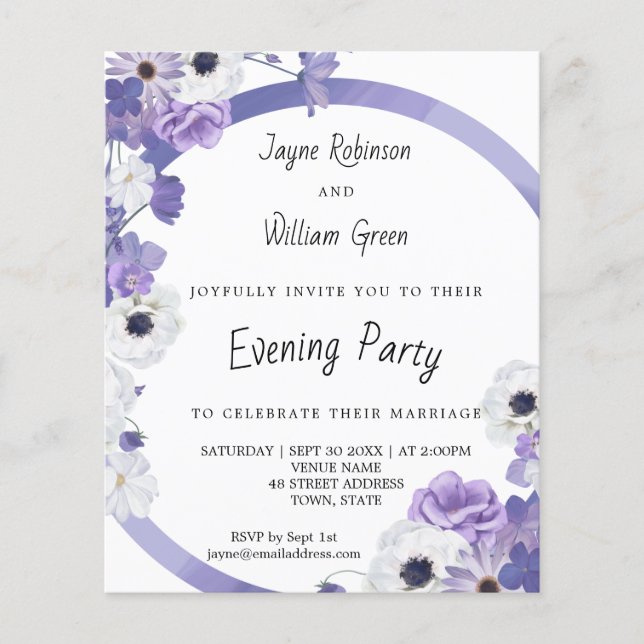 Budget Purple Floral Wedding Evening Party Invite (Front)