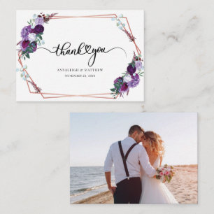 Budget Purple Floral Wedding Photo Thank You Card