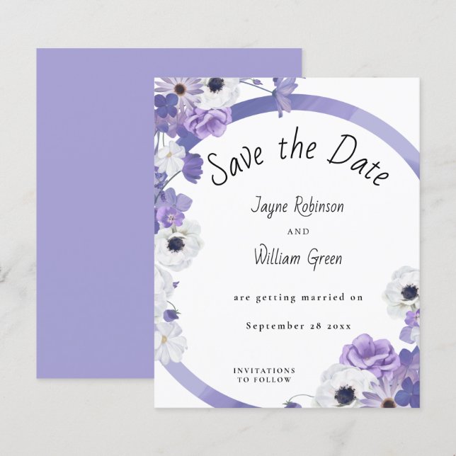Budget Purple Floral Wedding Save the Date Card (Front/Back)