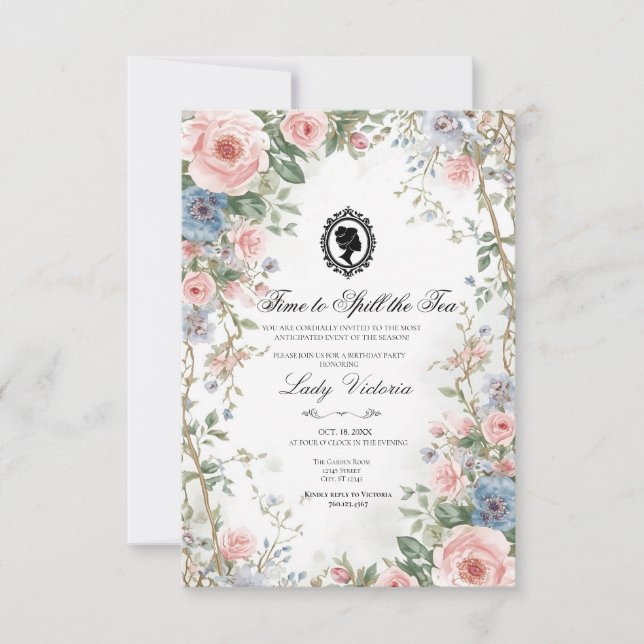 Budget Purple Florals Bridgerton Birthday Party Invitation (Front)