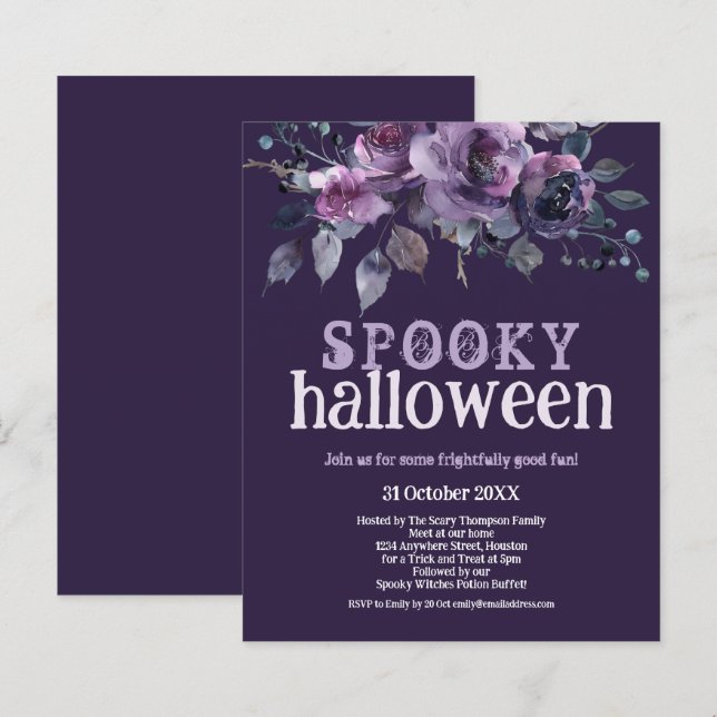 Budget Purple Florals Spooky Halloween Invitation (Front/Back)
