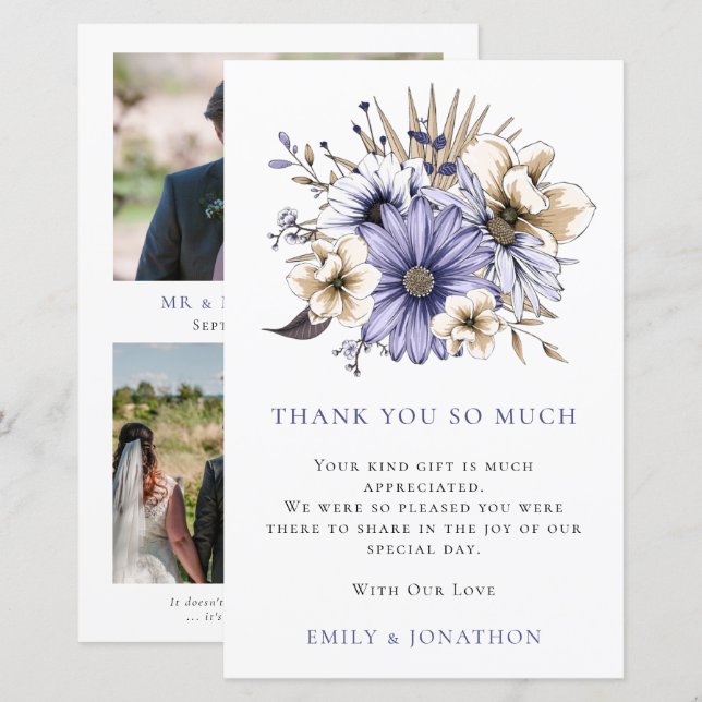 BUDGET Purple Florals Wedding 3 Photo Quote Thanks (Front/Back)