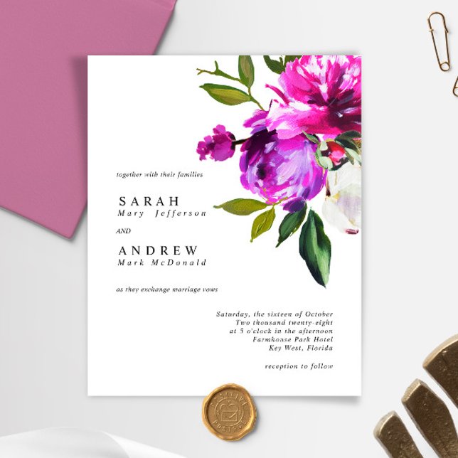 BUDGET Purple Flowers & Green Wedding Invitation (Creator Uploaded)