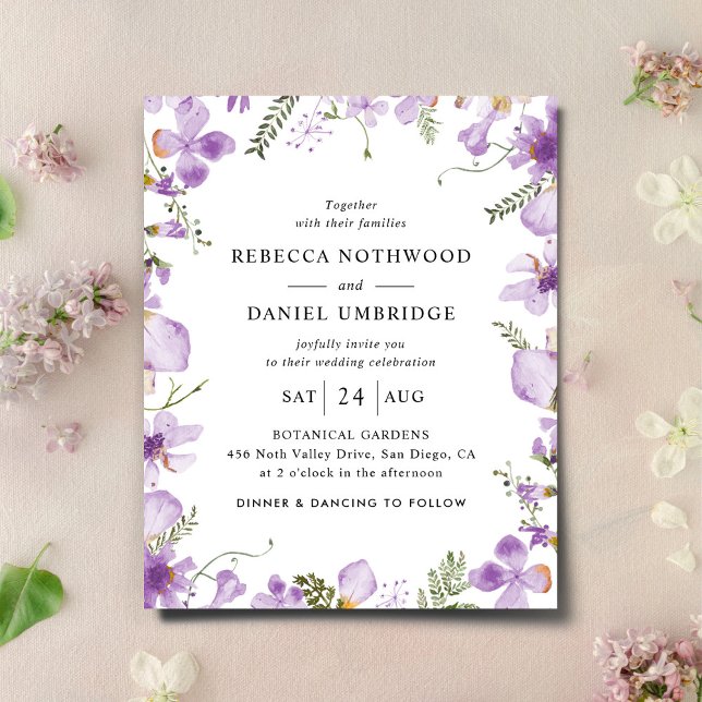 Budget Purple Flowers Simple Wedding Invitation (Creator Uploaded)