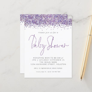 Budget Purple Glitter Baby Shower Invitation